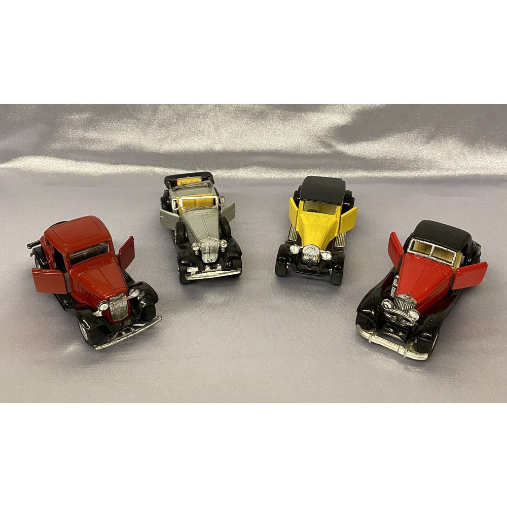 4 Vintage Die Cast Collectable Cars Ford,Mercedes,+ Open Doors/Rotation Wheels